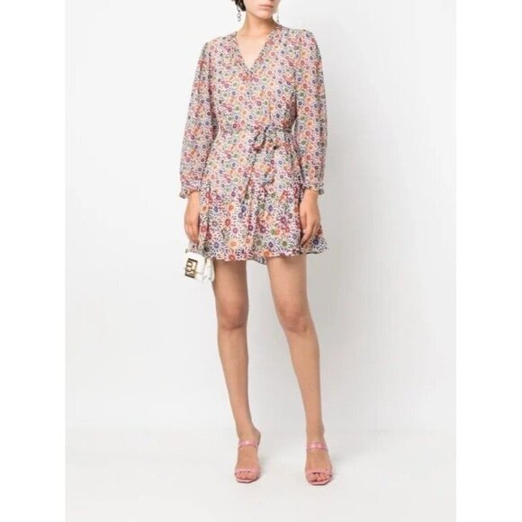 Saloni Franca Silk Floral Print Mini Wrap Dress Red Cream Womens Size 6 - Picture 12 of 13